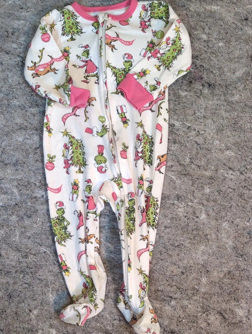 Holiday Grinch Print Pink-Trim Footed One-Piece Sleeper 6/9 Months